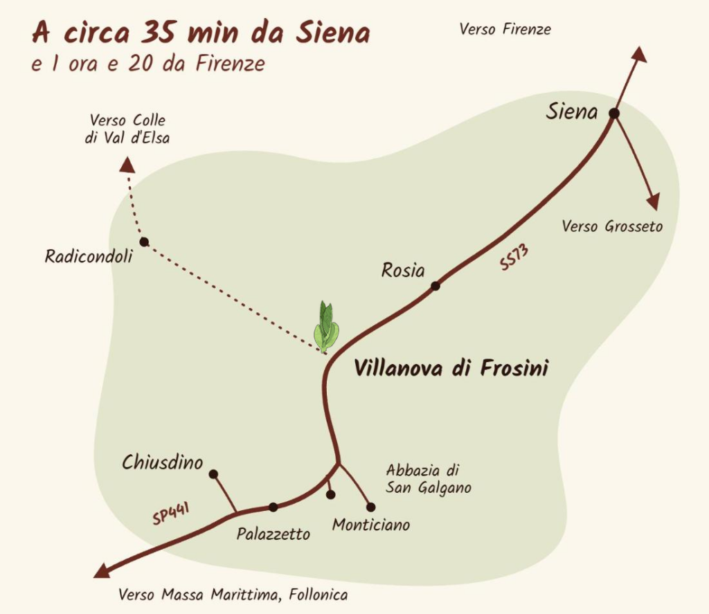 Cartina stradale con Villanova di Frosini sulla SS73 fra Siena e Chiusdino